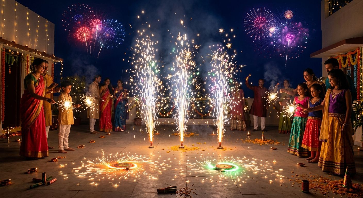 Family and friends lighting sparklers and flower pots on a Diwali night