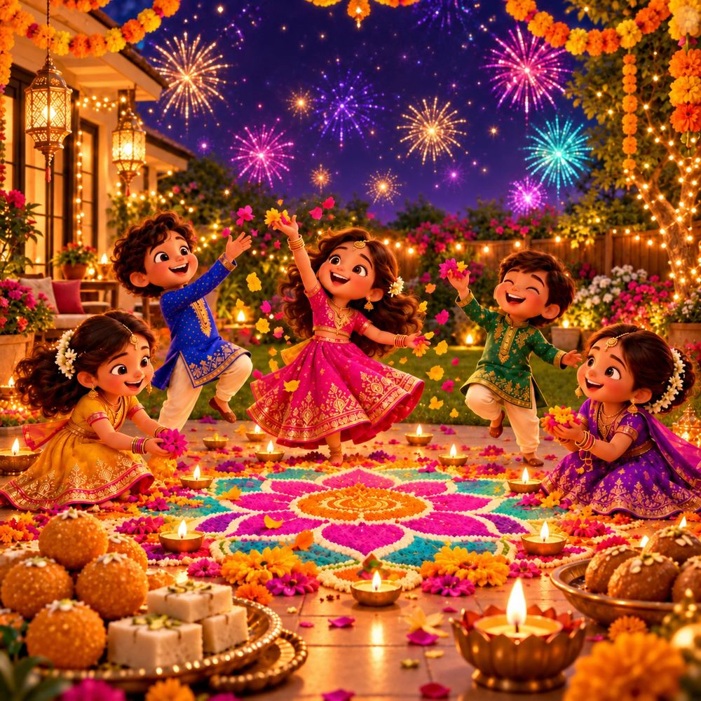 Kids in festive clothes dancing around a flower rangoli with diyas, sweets and fireworks overhead